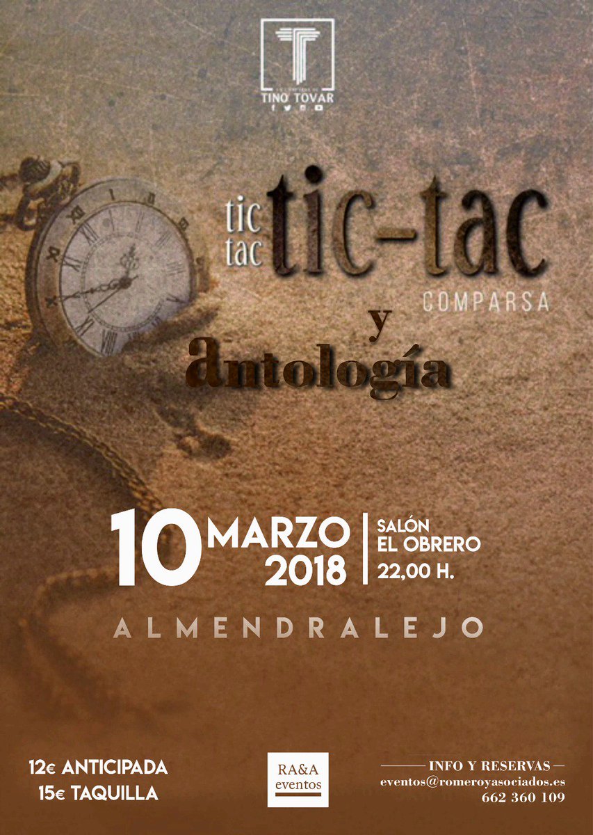 ACTUACIONES | Acabamos el día con una nueva actuación de Tic Tac Tic Tac

Almendralejo, 10 de Marzo... ¡Os esperamos! 🙈😍

#TicTac #LaComparsadeTinoTovar