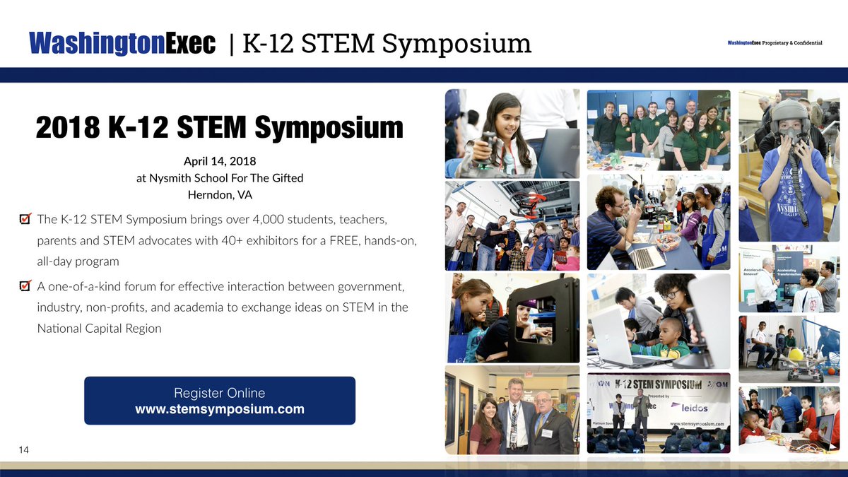 washingtonexec's tweet photo. The 2018 K-12 #STEMSymposium is coming up on April 14, 2018! Be sure to get your FREE tickets early to secure a spot by visiting https://t.co/sYBiRb8bLW https://t.co/skfYO9whGj