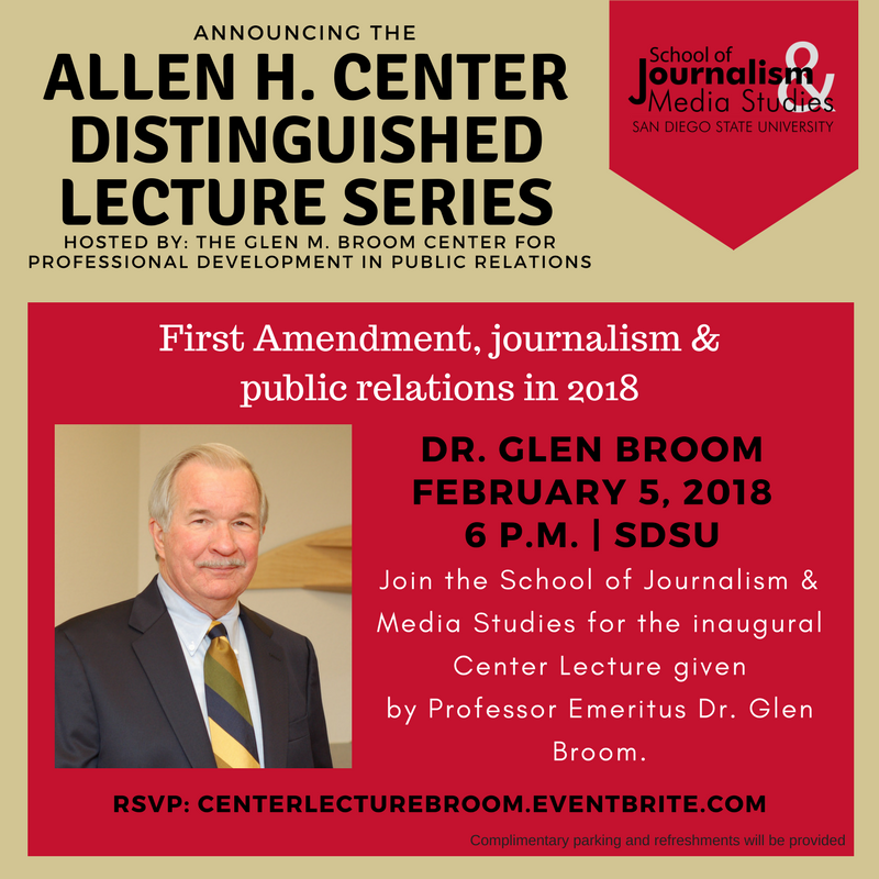 SDSU_JMS's tweet photo. There's two #SDSUJMS events on the books for the spring semester! First we've got the inaugural #AllenCenter Distinguished Lecture, and in May, we've got #SJMSGradGala! https://t.co/UunMpApe2Q