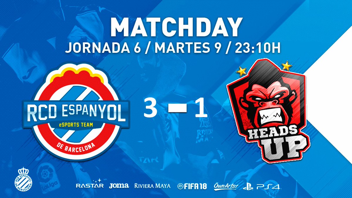 RCDeSports's tweet photo. Final del partido, final en el #RCDE Stadium
🎮 #PS4: #RCDE 3 - @HUPTeamOfficial 1

Con goles de:
@Jr_Dray10 
@gabri_412
@Txiki_11

¡Felicidades #equipo! https://t.co/DjUpPC6Gmu