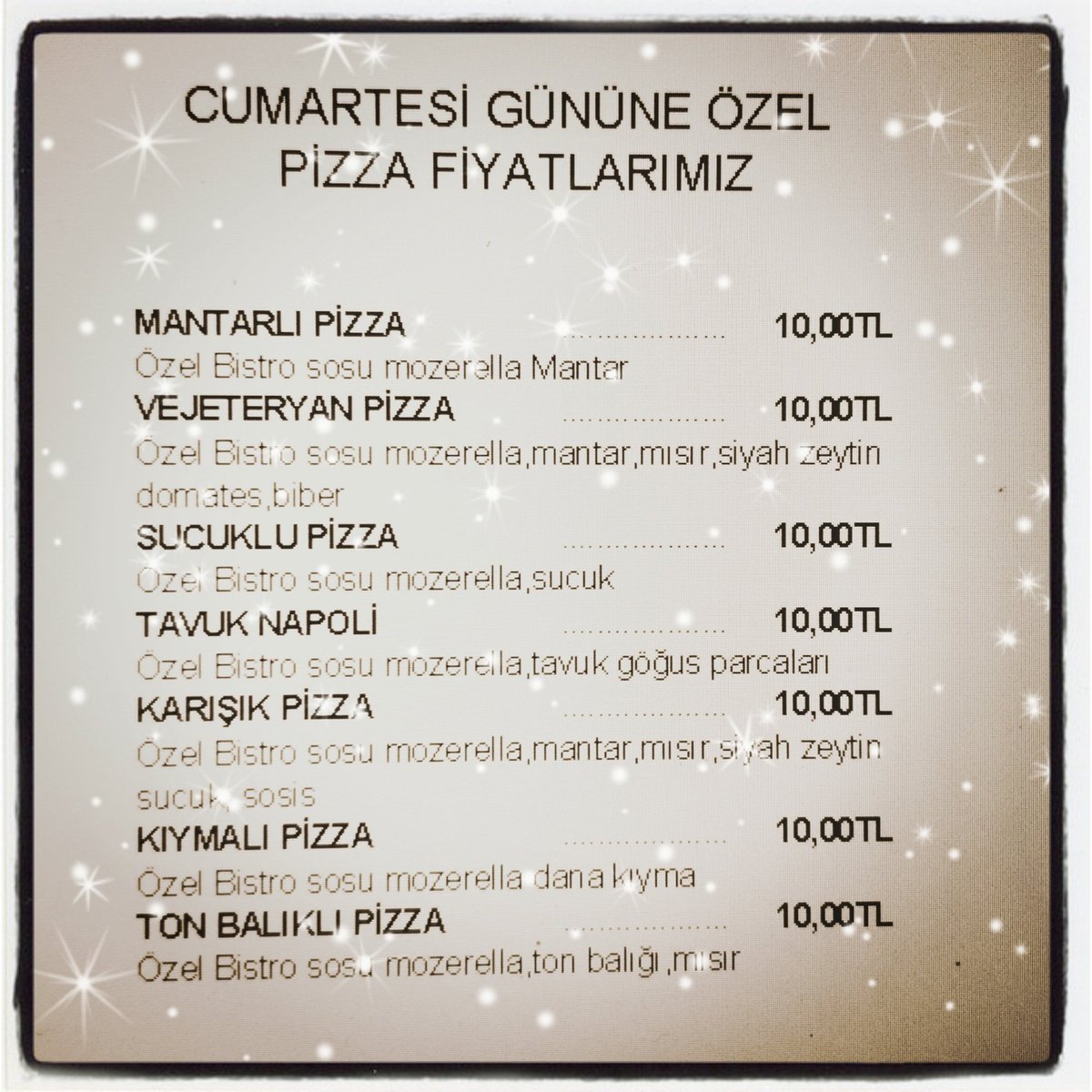 Cumartesi gününe özel pizza fiyatlarımız #cumartesi #pizza #bistro7tr #kuyumcukentavm #kuyumcukent