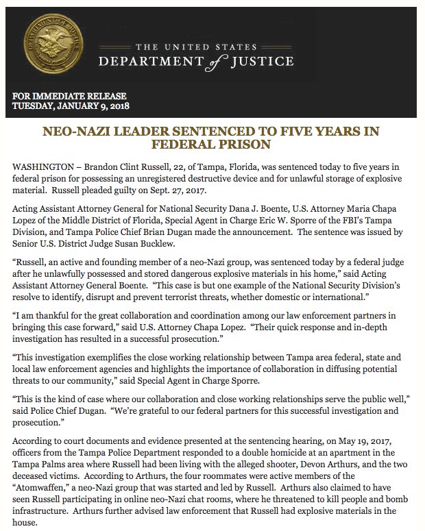 DOJ gives sentencing of Neo-Nazi leader the national press release treatment:  https://news.vice.com/en_us/article/zmqq7y/florida-neo-nazi-gets-5-years-in-prison-for-stockpiling-bomb-materials