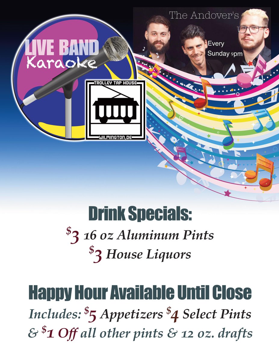 TrolleyTapHouse's tweet image. LIVE BAND KARAOKE EVERY SUNDAY 9:00 PM - CLOSE (1:00 AM)
FOOD &amp;amp; DRINK SPECIALS AVAILABLE @TrolleyTapHouse