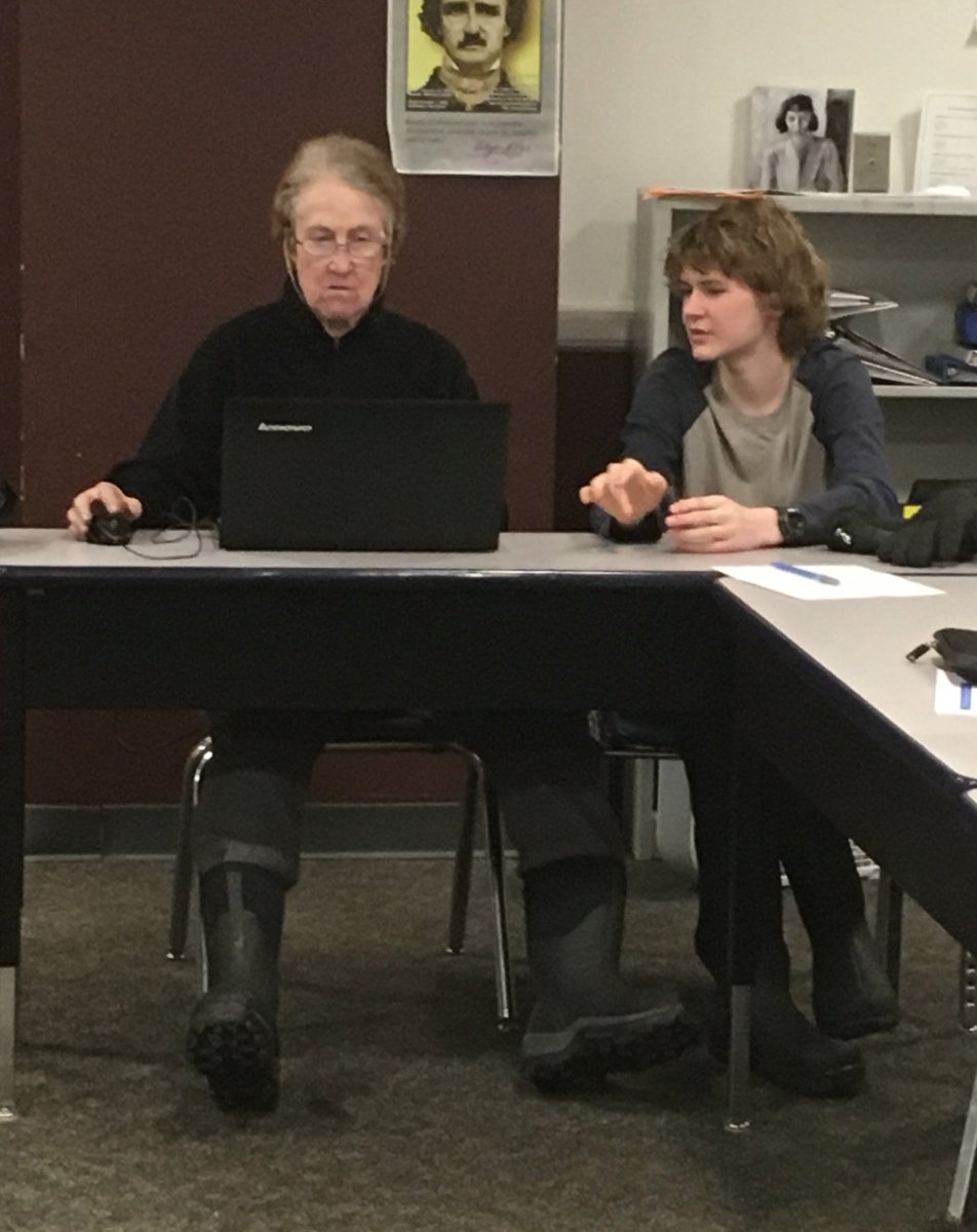 a woman sitting at her laptop with a young boy helping her out.