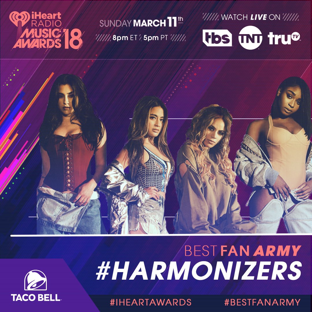 iHeartRadio's tweet photo. ✨  Hi bb #Harmonizers, you've been nominated for the #BestFanArmy presented by @tacobell at #iHeartAwards! RT to vote! https://t.co/qxhZGLd59Q