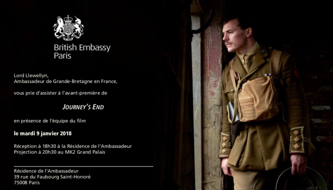 hms_paris's tweet photo. Thank you @UKinFrance &amp; Bob Lewis @BritishCouncil for a wonderful evening &amp; première of @JourneysEnd2017 starring @samclaflin @asabfb @Paul_Bettany. #highlyrecommend #JourneysEnd, directed by #SaulDibb, written &amp; produced by #SimonReade, produced by #GuydeBeaujeu. https://t.co/CPYcBfY8xG
