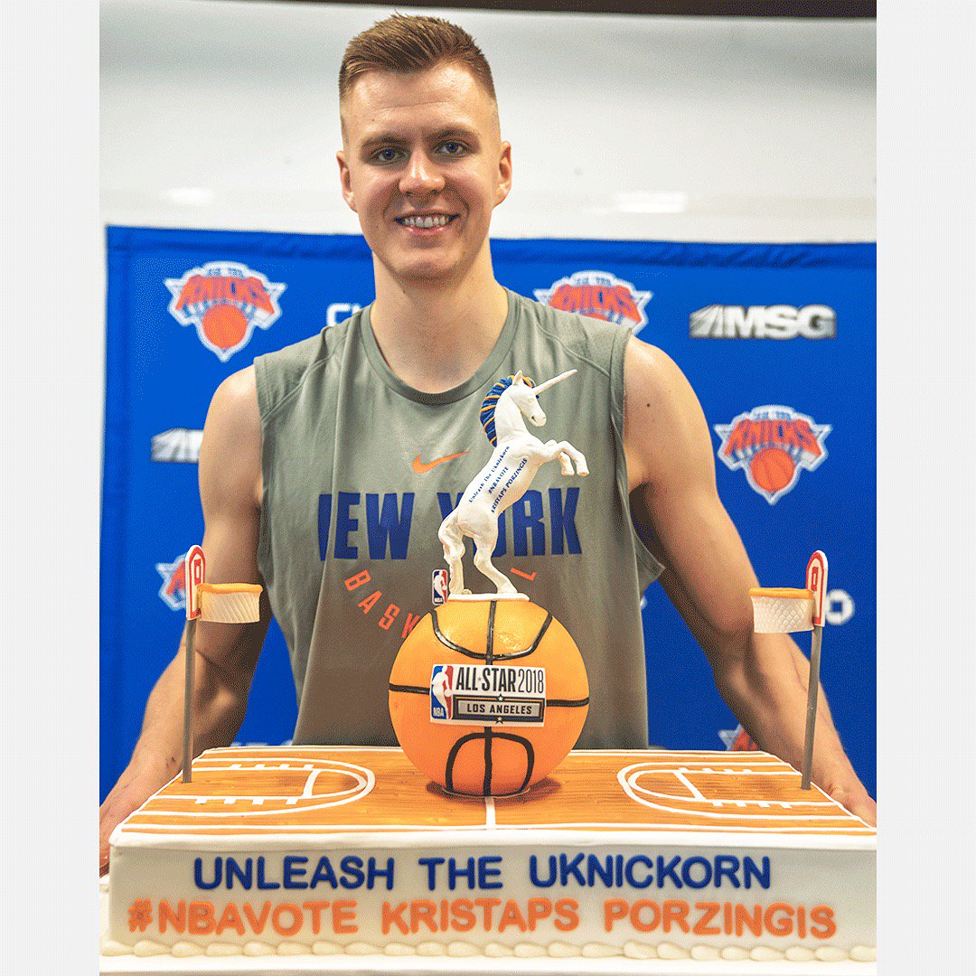 NEW YORK KNICKS (@nyknicks) on Twitter photo A 🎂 fit for a 🦄 Unleash our Uknickorn ➡️ RT to #NBAVOTE <a href="/kporzee/">Kristaps Porzingis</a> #CakeBoss A 🎂 fit for a 🦄 Unleash our Uknickorn ➡️ RT to #NBAVOTE <a href="/kporzee/">Kristaps Porzingis</a> #CakeBoss
