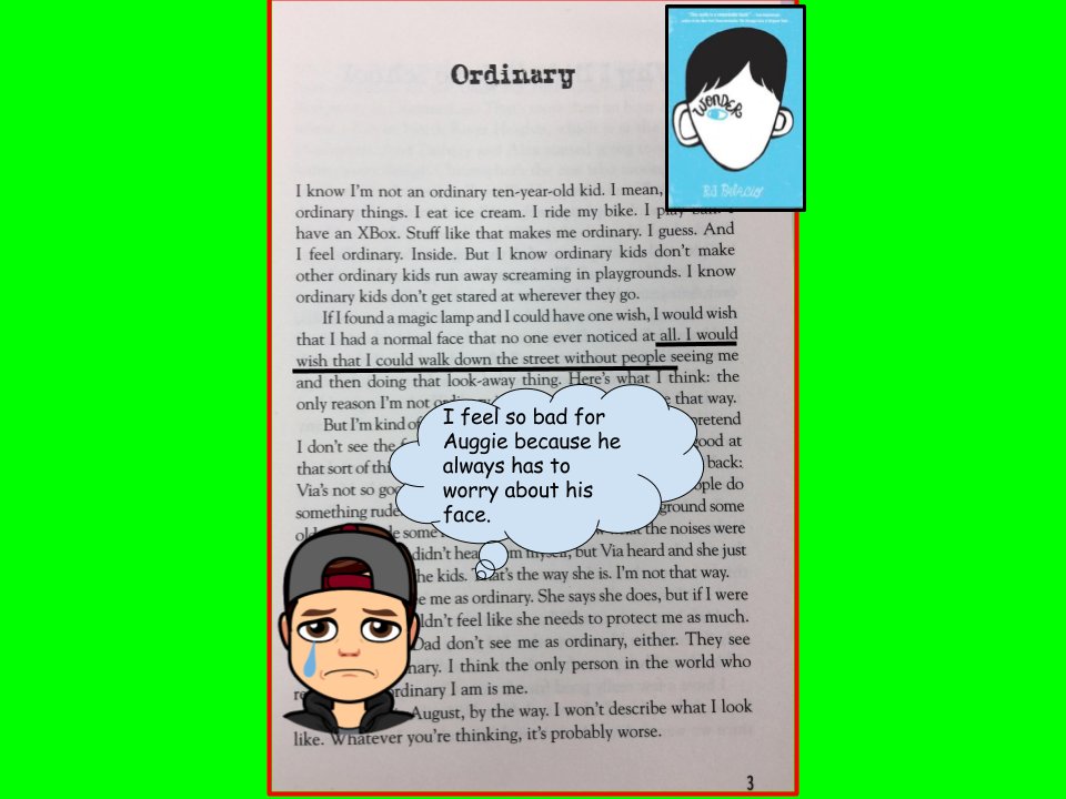 Lorenzo is sad to read about how Auggie always has to worry in the book Wonder. #NISTis exploring the books we read and sharing them through #BookSnaps. These will be the first #BookSnaps from Thailand, we believe <a href="/TaraMartinEDU/">Tara M Martin</a> <a href="/gwhitecanada/">Gillian White</a>