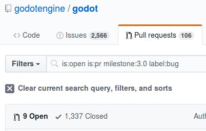 Image is a screen grab of github.com/godotengine/godot/pulls. Milestones is set to 3 and label is set to bug. The image shows that there are currently 1,337 closed pull requests that match the criteria.