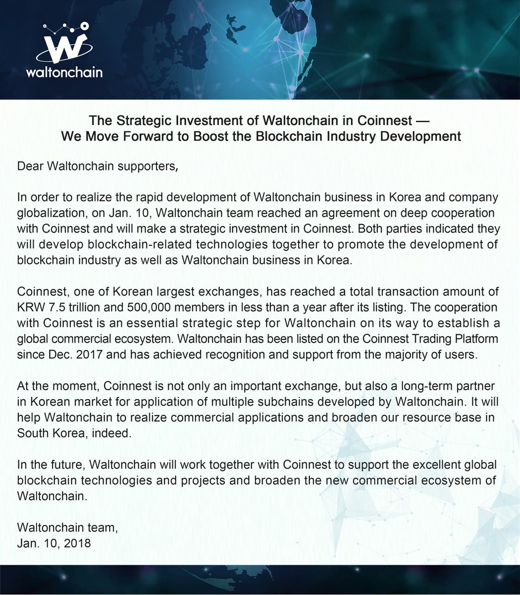 Waltonchain's tweet photo. Together, stronger! Waltonchain reached a deeper partnership with Coinnest.  Hand in hand we can make a better world!    🇨🇳🤝🇰🇷@coinnest_info https://t.co/wqq3FrhRpV