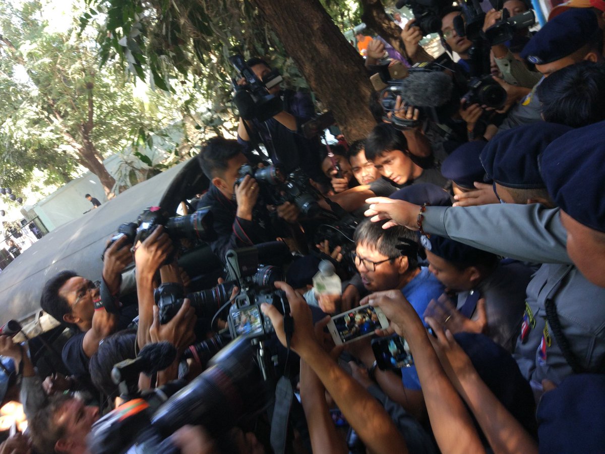 The prosecution have now formally charged Reuters journalists Wa Lone and Kyaw Soe Oo with section 3/1C of official secrets act. In a statement afterwards Wa Lone said they did nothing wrong and that this is an attempt to stop and intimidate them. #journalismisnotacrime