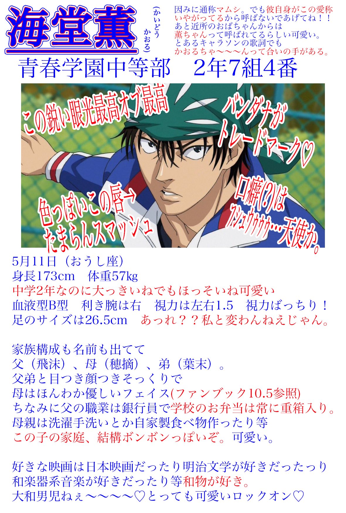 かおる ちょっと出遅れたけどテニラビ配信されたし流行りに乗って私の推し 海堂薫のプレゼンを完全自己満足偏見で作ってみた とりあえず色々ネタバレとかもしてるし長くて気持ち悪いので閲覧注意です 誤字脱字はスルーしてね 語彙力はブーメラン