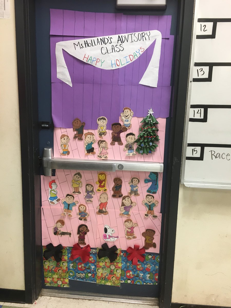 HollandScience's tweet photo. About a month late but my door decorated for the competition. The characters on the pink/purple door are my advisory students in peanut form. https://t.co/86WIPqcbYK