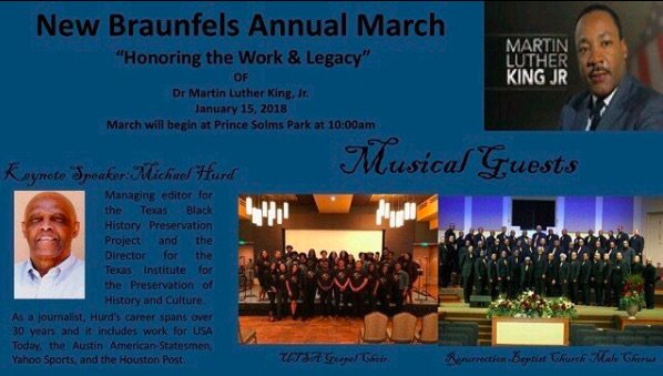VIP_UTSA's tweet photo. Join us on Monday, 
January 15th (MLK DAY!!!!!) for 
New Braunfels Annual March. 
The march starts at 10:00am at Prince Solms Park.
#MLKday #mlkmarch #utsavip https://t.co/0MFzDD2n4m