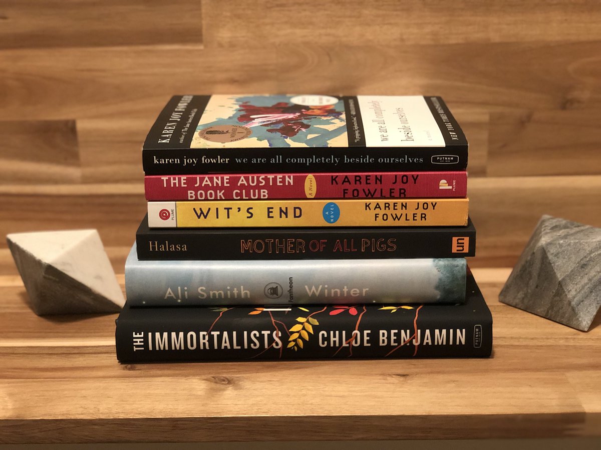 My @bookpassage book haul. 3 books by #KarenJoyFowler (and she signed them all!) 1 @unnamedpress novel #MotherofAllPigs Winter by #AliSmith! And of course The Immortalists (I actually bought 3)!