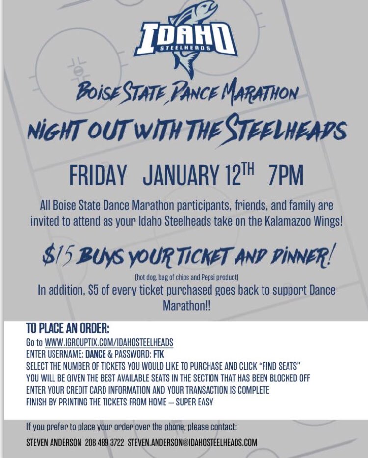 boisestatedm's tweet photo. Join us this Friday at the Steelheads game! An awesome deal #Forthekids! Just follow the instructions to get your tickets! #boisestatedm https://t.co/JGzG7YdfIZ