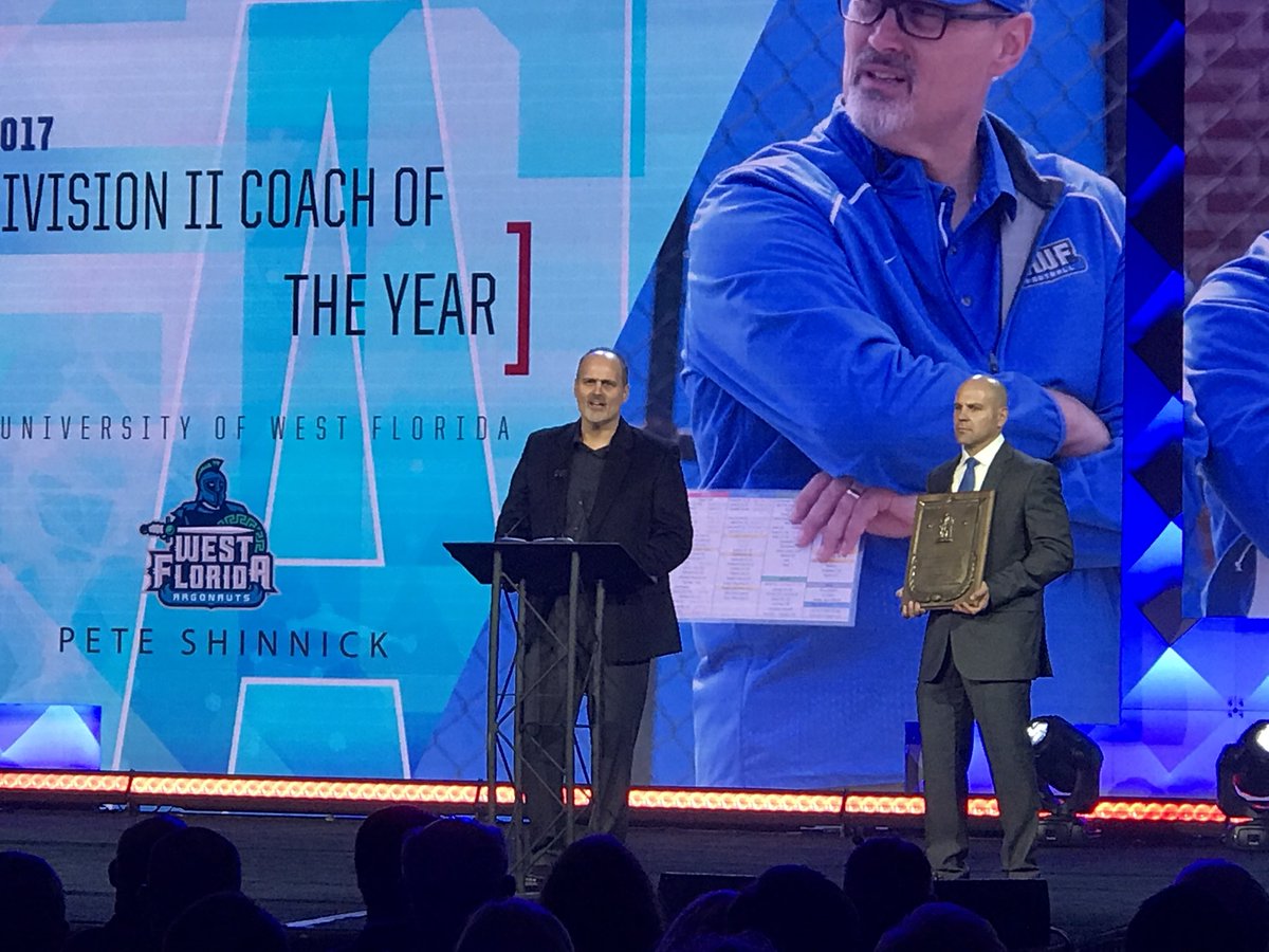 UWFFootball's tweet photo. And your AFCA Division II Football Coach of the Year is..... @PeteShinnick !!!! 🏆🏆🏆 https://t.co/3z36jPX8f1