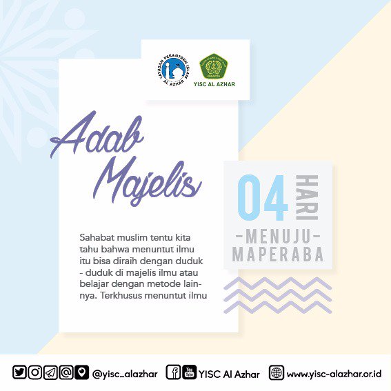ppabyiscalazhar's tweet photo. 4 Hari Menuju MAPERABA (Masa Perkenalan Anggota Baru) - "Wonderful Islam"
ADAB MAJLIS
#YISCAlAzhar
#PPAB
#PPABJan2018
#2018
#WonderfulIslam https://t.co/SNSS7tKryV