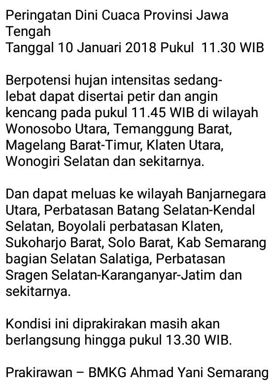 Peringatan Dini Cuaca Provinsi Jawa Tengah
Tanggal 10 Januari 2018 pukul 11.30 WIB