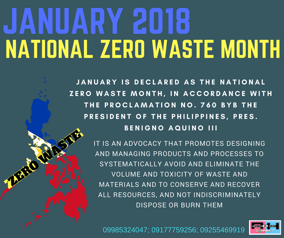 AHConnect_ro6's tweet photo. JANUARY is declared as the National Zero Waste Month, in accordance with the Proclamation No. 760. Let's eliminate the volume and toxicity of waste and materials and to conserve and recover all resources, and not indiscriminately dispose or burn them.
#ZeroWastePH https://t.co/RK0xbn9AMb