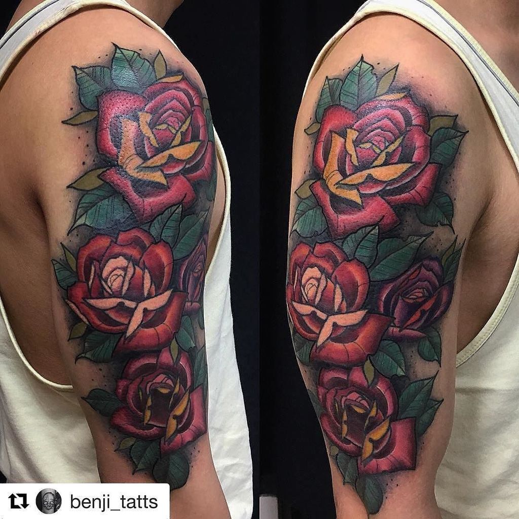 traditional rose sleeve tattoo