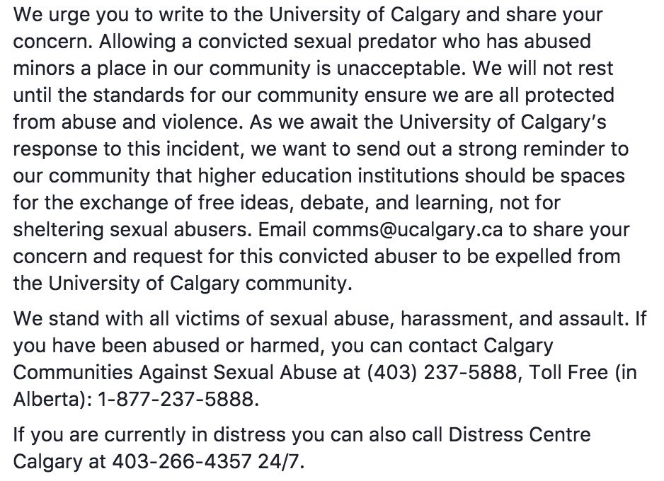 Our statement re: convicted sex offender Connor Neurauter at UCalgary. Additional statements and information will be made available regarding our team’s response as this story continues to progress. We stand with survivors. #timesup  #metoo  #SexualViolence #UCalgary