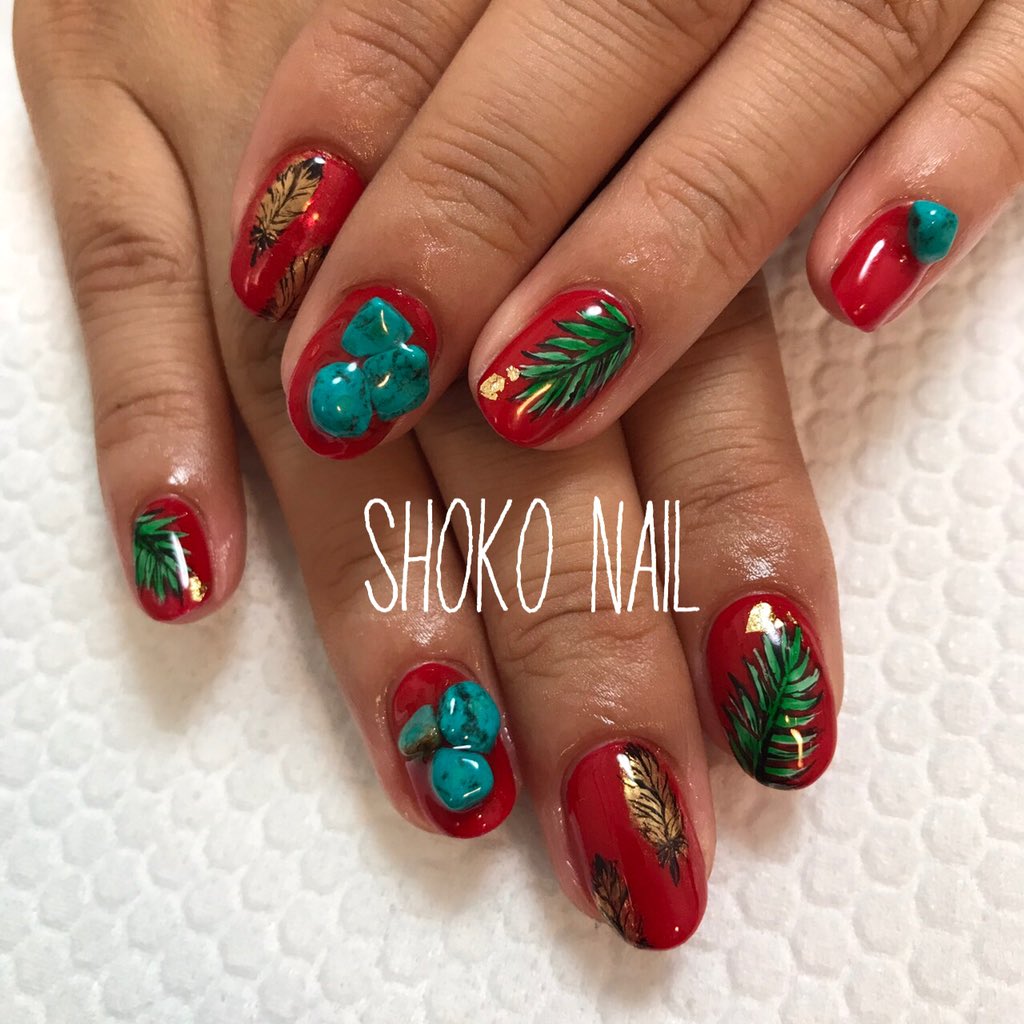 Shoko Nail ショコネイル Ar Twitter お持ち込み画像から ネイルする事が多いです サンプルから選ぶよりもやりたいを叶えたい 私の出来るものならドンと来いです W 参考価格6300yen 町田ネイルサロン ネイル ネイルアート ターコイズ 赤ネイル