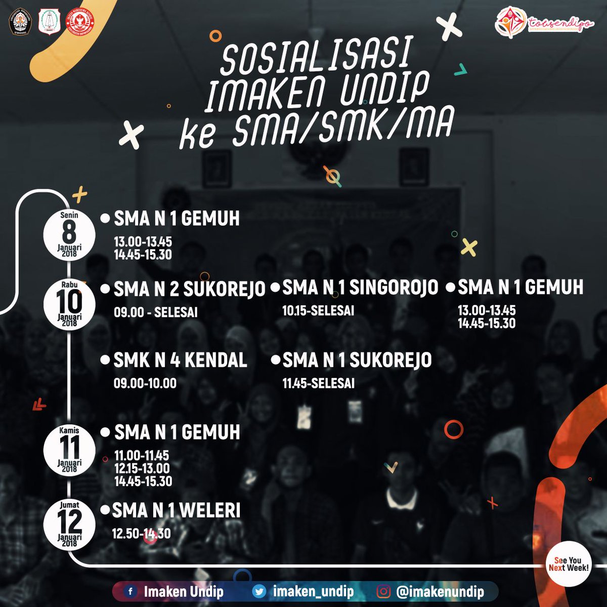 imaken_undip's tweet photo. Jadwal sosialisasi minggu ke 2. Semangat!!!! 😄 https://t.co/J9rJhndDyi