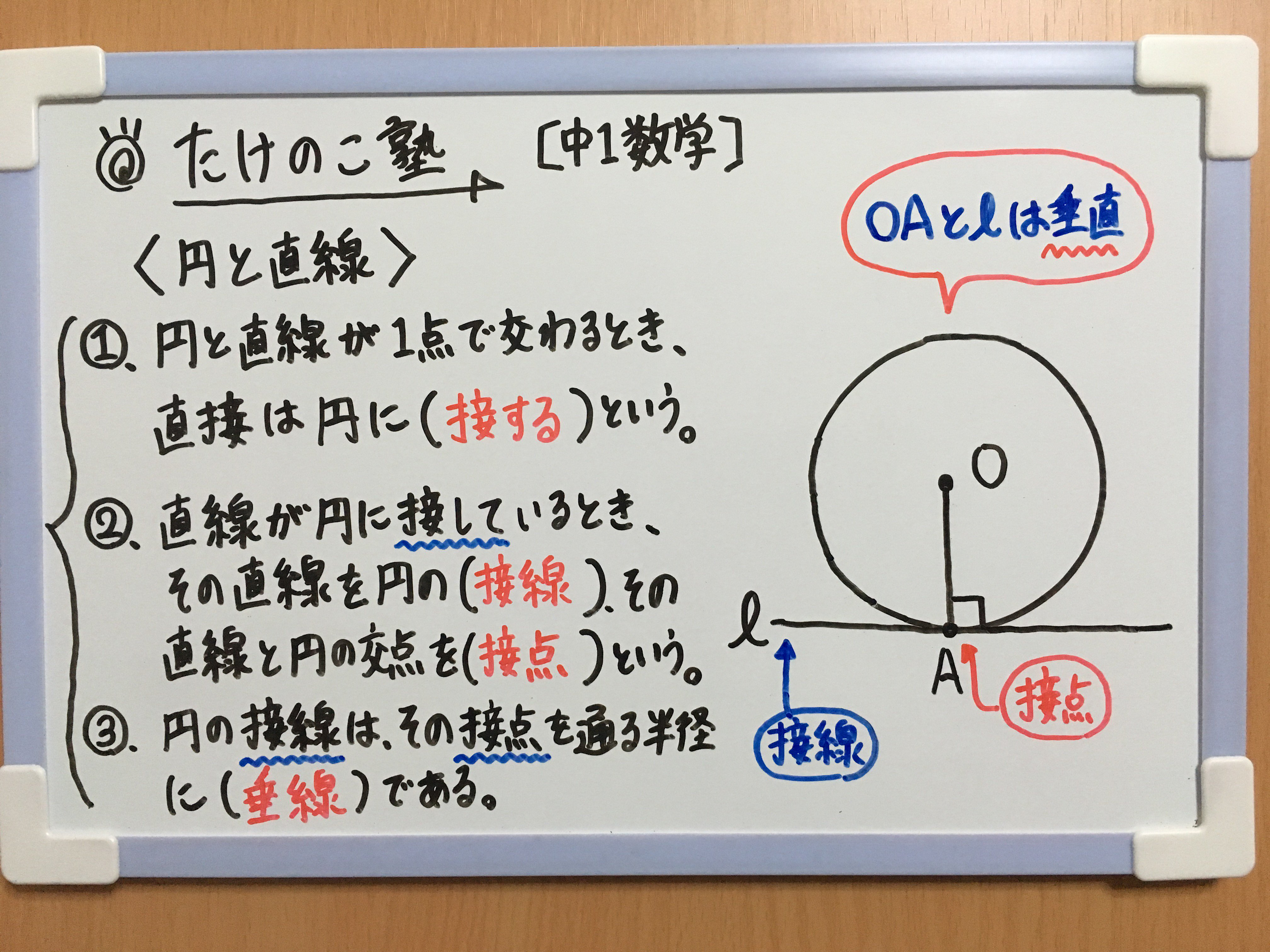 たけのこ塾 中1数学 今回は 円と直線 についての問題です 円と直線が1点で交わるとき 直線は円に接するという のとき 直線を円の接線 直線と円の交点を接点という 円の接線は その接点を通る半径に垂直である 勉強垢 中1 数学