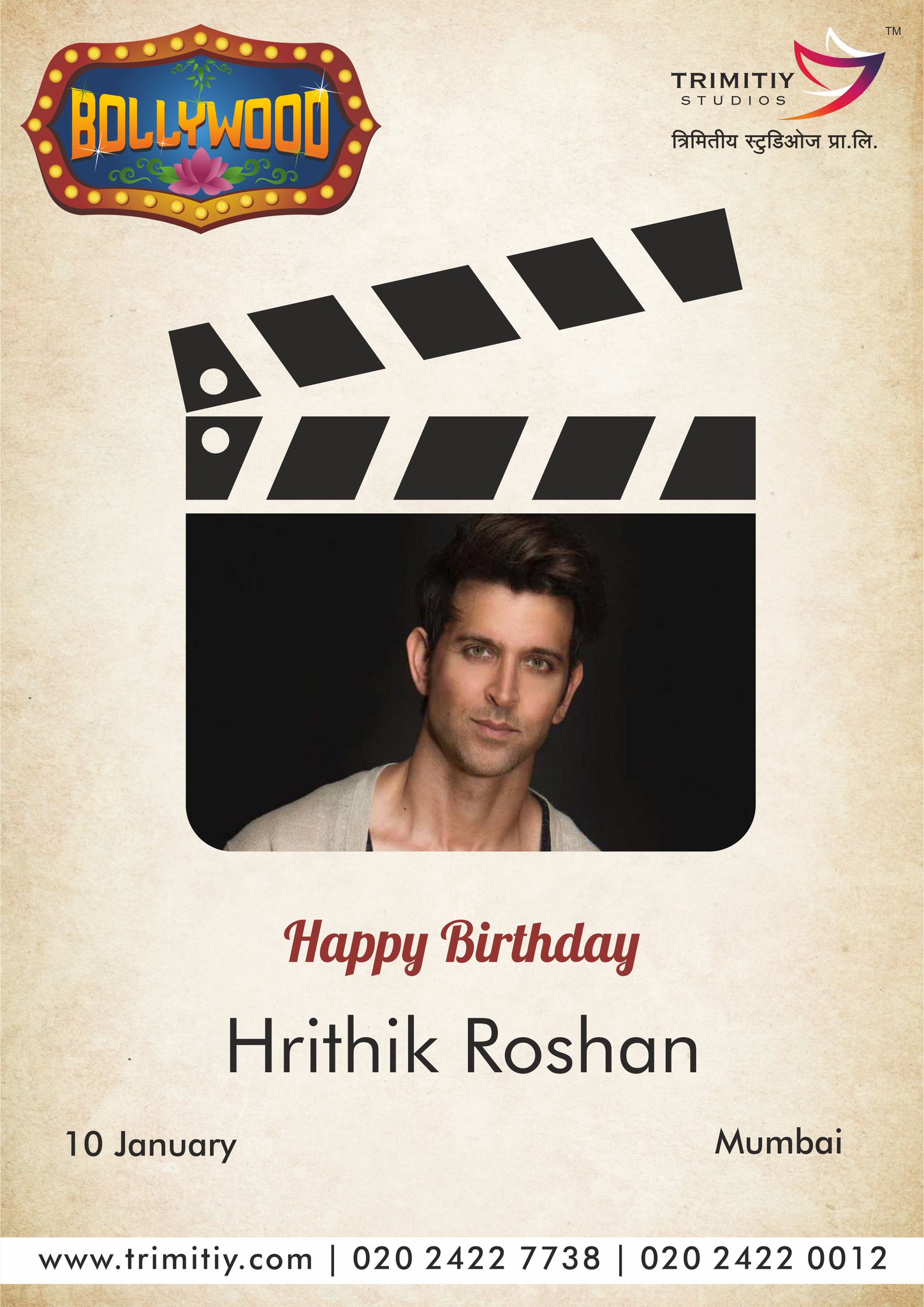 Trimitiy Studios Wishing A Very Happy Birthday to Bollywood Star \"Hrithik Roshan\"...  