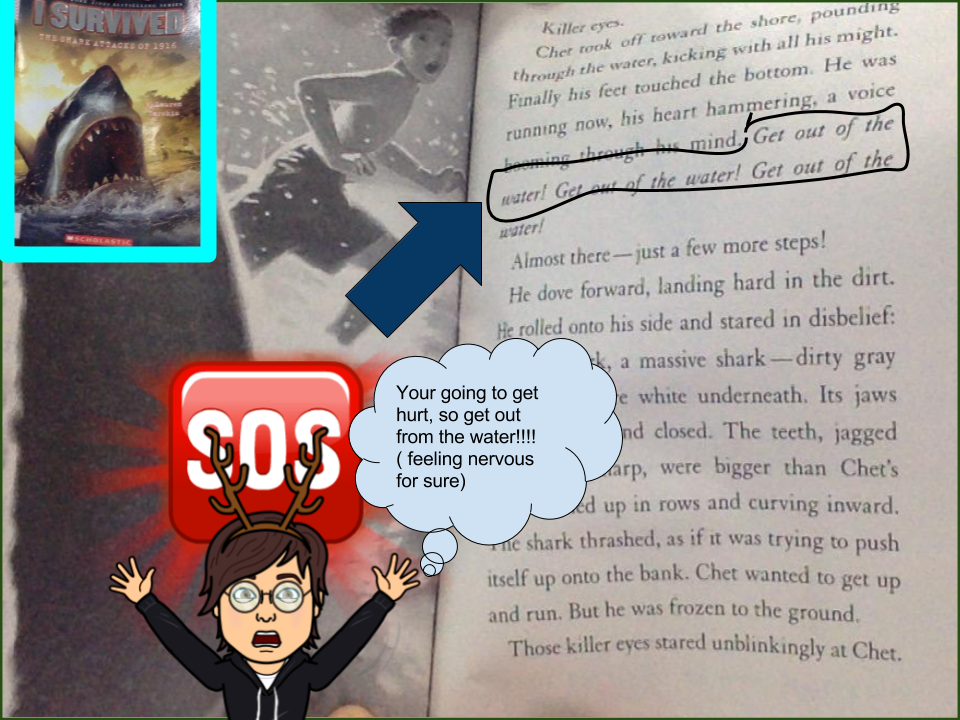 Max was nervous about surviving in Surviving the Shark Attack 0f 1916. #NISTis exploring the books we read and sharing them through #BookSnaps. These will be the first #BookSnaps from Thailand, we believe <a href="/TaraMartinEDU/">Tara M Martin</a> <a href="/gwhitecanada/">Gillian White</a>