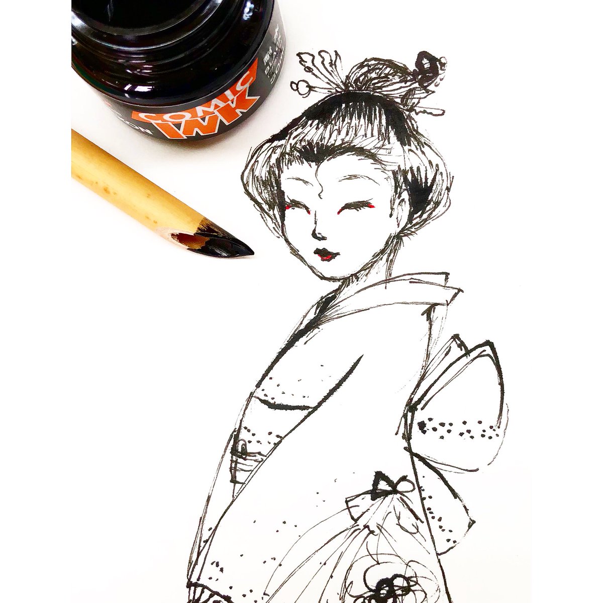 Chinae בטוויטר カワチで買った竹ペンで 着物の女性を描きました イラスト Illustration 和風 着物 オリジナルイラスト 竹ペン