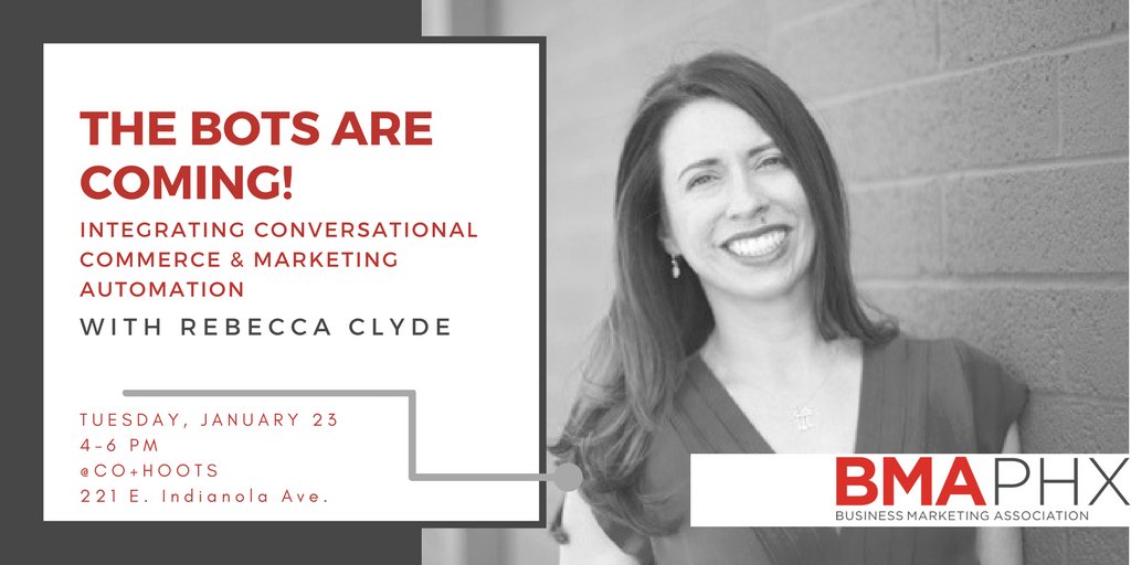 anab2bphx's tweet photo. Join us on January 23 to hear expert Rebecca Clyde discuss the rise of chatbots. You'll learn how brands can leverage chatbots to deliver services and integrate conversational marketing into existing nurture campaigns. Hope to see you there! https://t.co/pe7lIyLEFY https://t.co/J3SKGu8Rz6