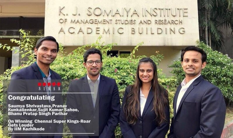 kjsimofficial's tweet photo. Congratulations @Saumya92S , @pk_kunkalienkar , @Sujju__ &amp; @checkbhanu73 on winning @ChennaiIPL- Roar Gets Louder, held at @IIMKozhikode https://t.co/ODHch5IokC