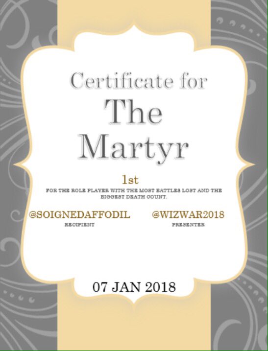 THE MARTYR 
#WizWar2018 

This character had a wonderful thread that I wish you all take a moment to read. She threw a plot twist that crushed me.