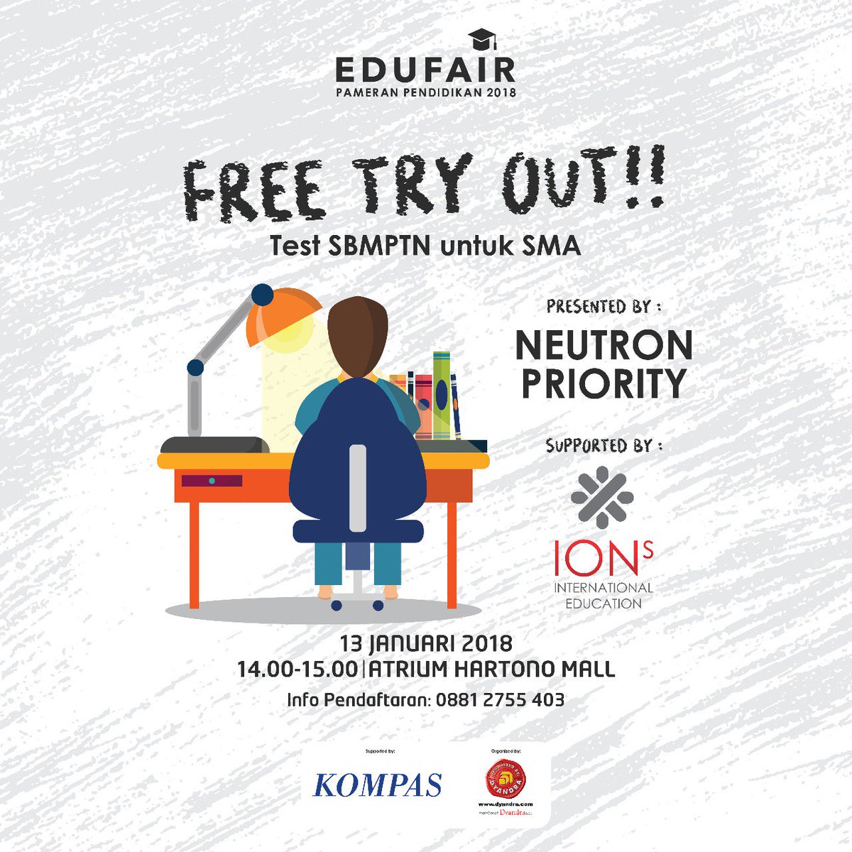 Ayo ikutan free try out SBMPTN di Edufair 2018! Sabtu 13 Januari 2018, Atrium Hartono Mall Yk. Hasil langsung dimumumkan. #freetryout #tryoutsbmptn #Edufair2018