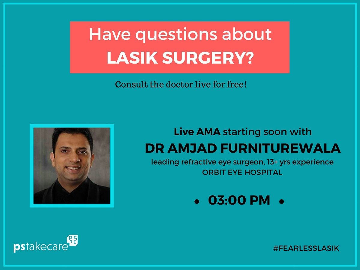 pstakecare's tweet photo. Stay Confident, Stay Glass Free! Tune-in to the Live 'Ask Me Anything' session with Dr. Amjad Furniturewala at 3 PM today on our FB page to get all your lasik surgery related queries answered. #FearlessLasik
#AskMeAnything https://t.co/utwB8GStdI