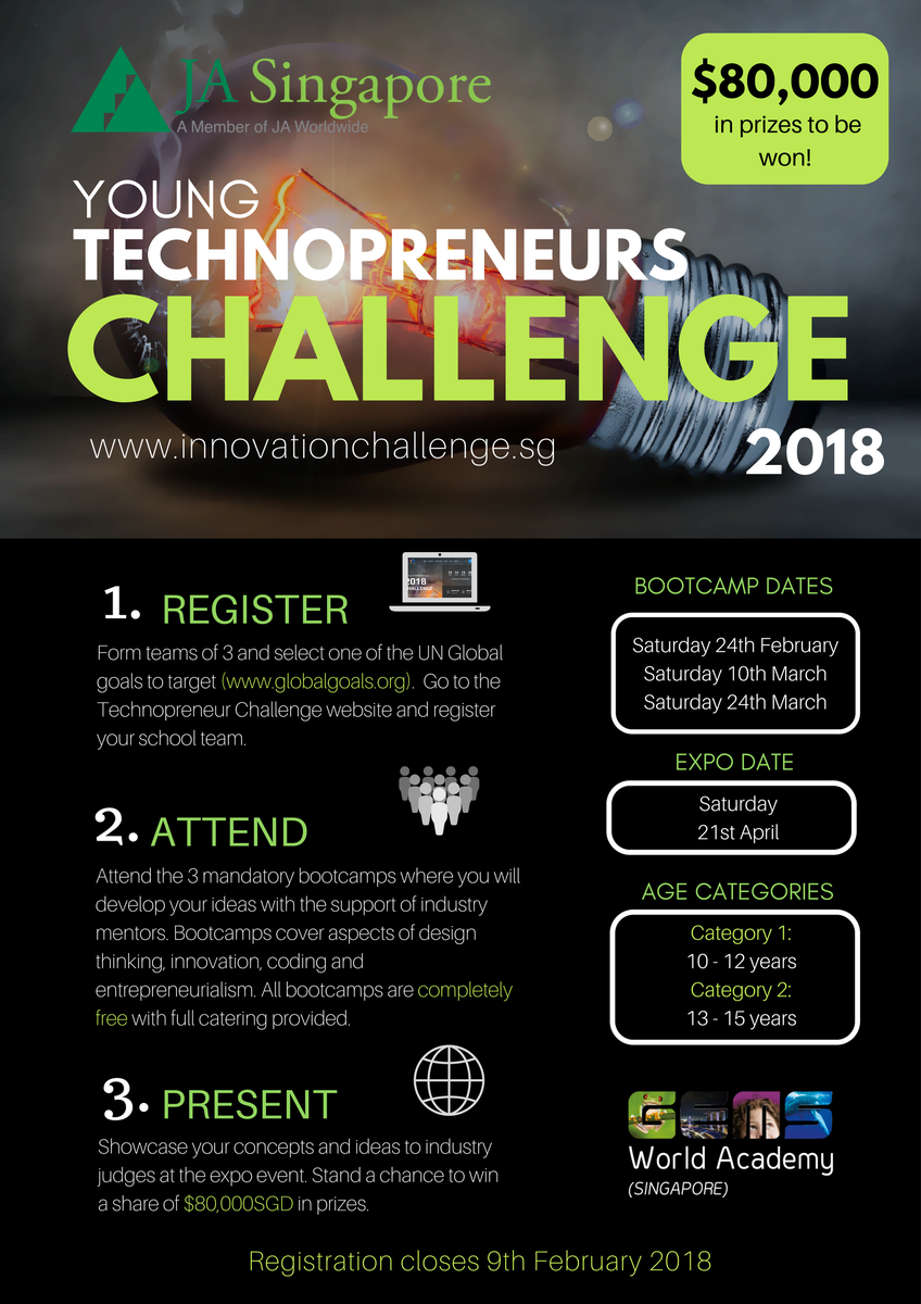JayThompsonEdu's tweet photo. Dear PLN please share with your network. Singapore schools join the Technopreneur Challenge! Undertake 3 bootcamps focused on developing a unique solution to a UN Global goal. Access industry mentors and win amazing prizes. Registration closes 9th Feb. https://t.co/5Wg5pkQDKc https://t.co/0iK2JVPpqQ