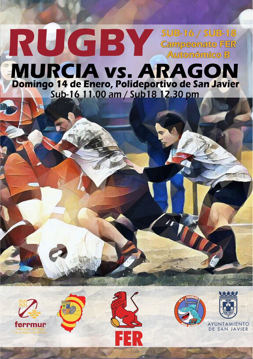 🏉Encuentros Selecciones 
👉Murcia vs Aragón

🗓Dom 14 -ene
⏰11:00 Sub-16
⏰12:30 Sub-18
📍Campo de Rugby

Más info: facebook.com/SeleccionesFER…