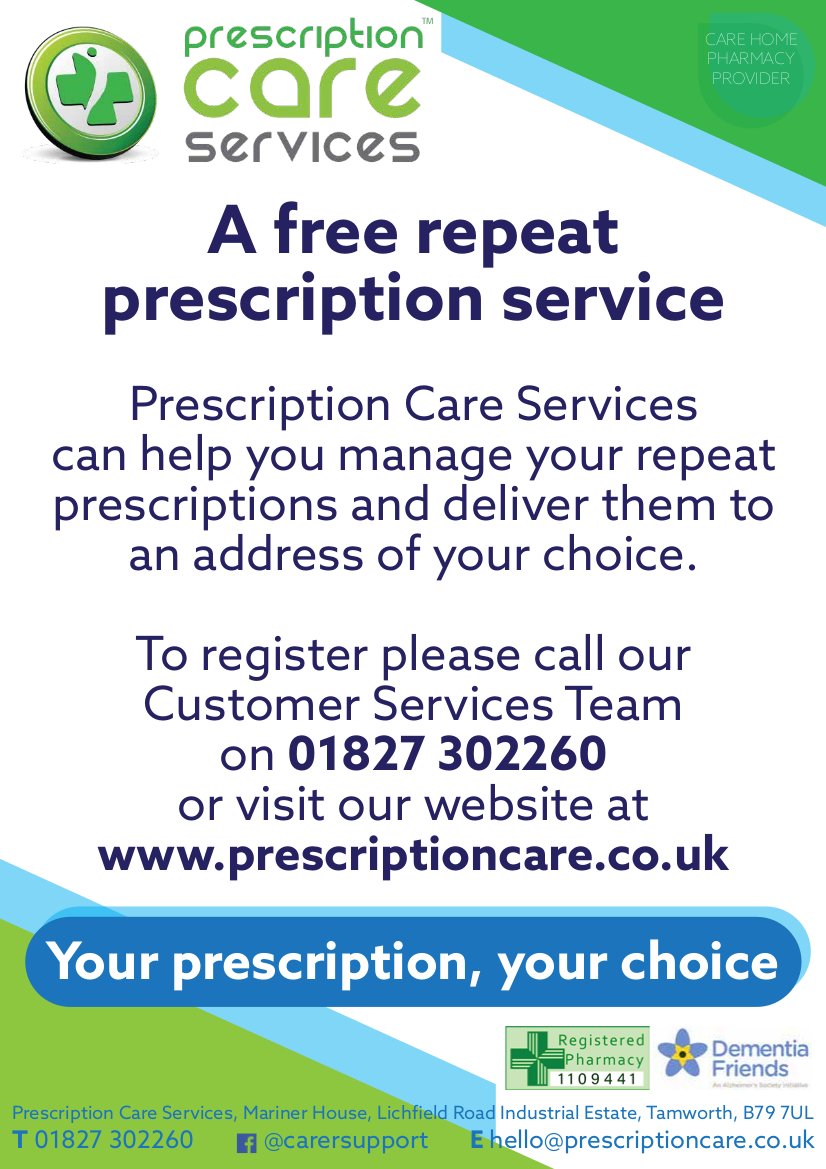 PrescriptionCS's tweet photo. If you need repeat medications and find it difficult to go to your surgery to collect them, then come and talk to us. We can help you manage your medication and deliver them to a chosen address. See below for details https://t.co/4wbKAoXInO