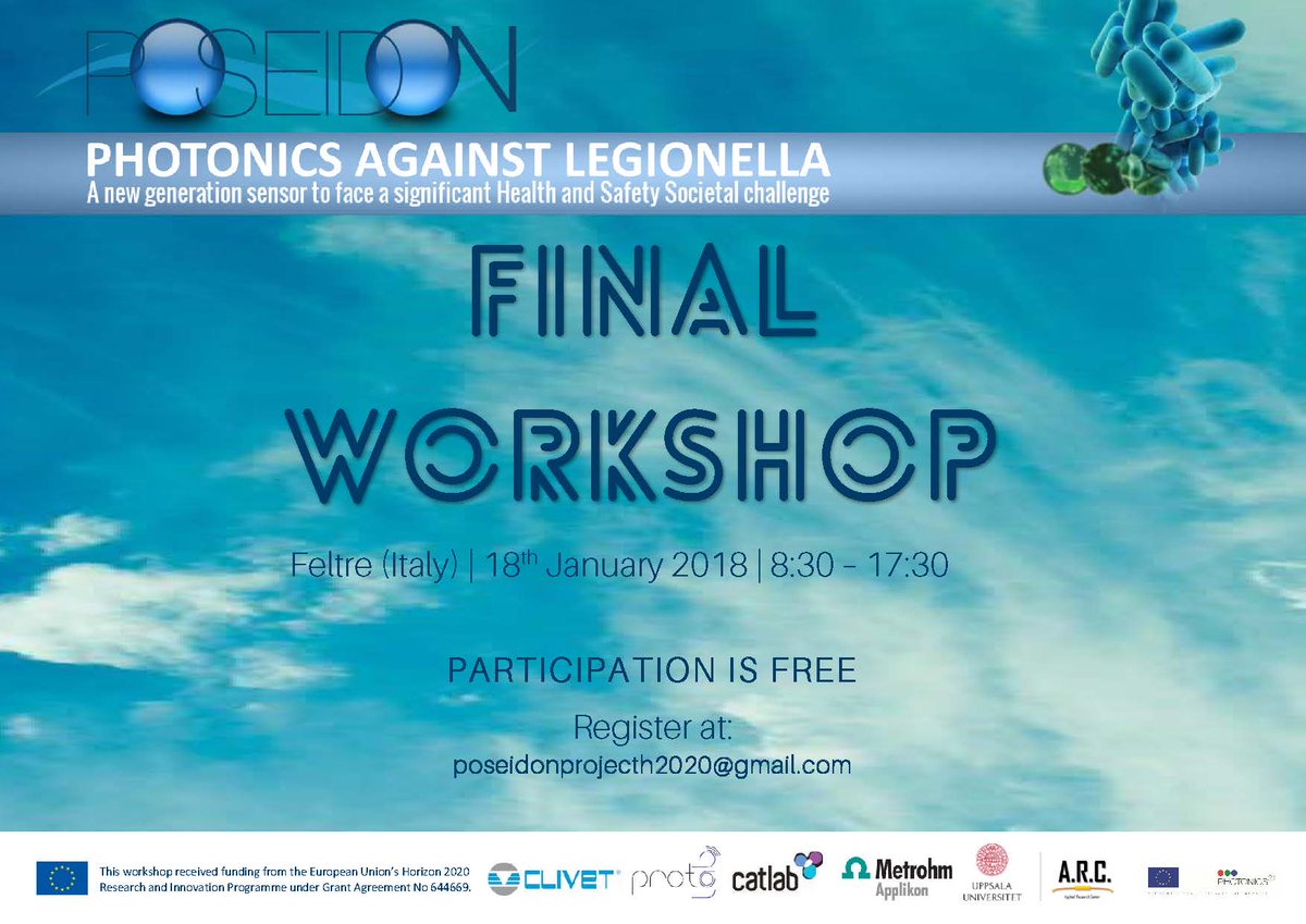 SAVE THE DATE: 18 January 2018 | Poseidon Project Final Workshop at <a href="/ClivetSpA/">Clivet S.p.A.</a> . If you want to discover Poseidon project results, send us an email to register: poseidonprojecth2020@gmail.com. Participation is FREE! #photonics #legionella
