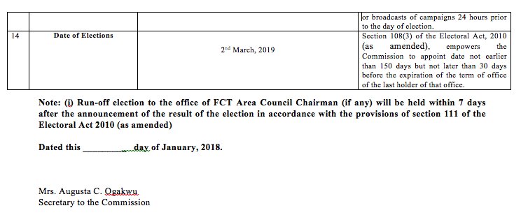 inecnigeria's tweet image. TIMETABLE AND SCHEDULE OF ACTIVITIES FOR 2019 FEDERAL CAPITAL TERRITORY (FCT) AREA COUNCIL ELECTIONS.