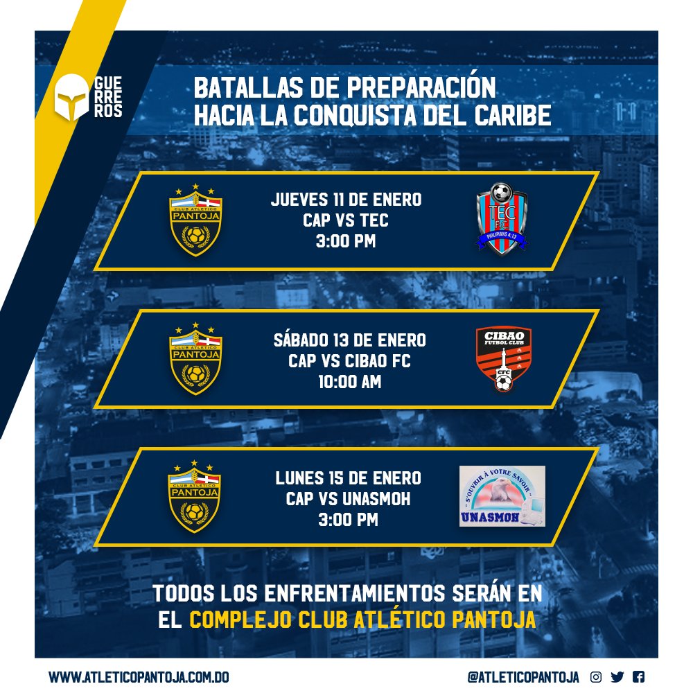 atleticopantoja's tweet photo. Así continuamos nuestra preparación para la conquista del Caribe. Estos son los horarios de nuestros enfrentamientos. Todos los partidos serán en nuestro complejo. #ConquistaElCaribe #SomosGuerreros https://t.co/qmcnMVJO5W