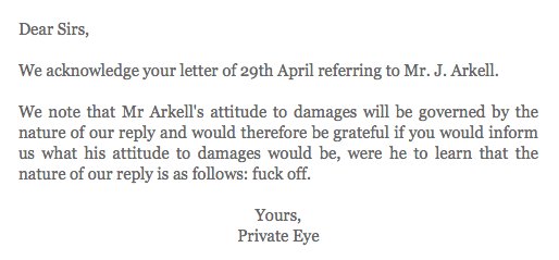 As all humans know, the greatest ever response to a legal threat was written in 1971, by Private Eye magazine. Concise, powerful, hilarious. A work of art. Full exchange:  http://www.lettersofnote.com/2013/08/arkell-v-pressdram.html