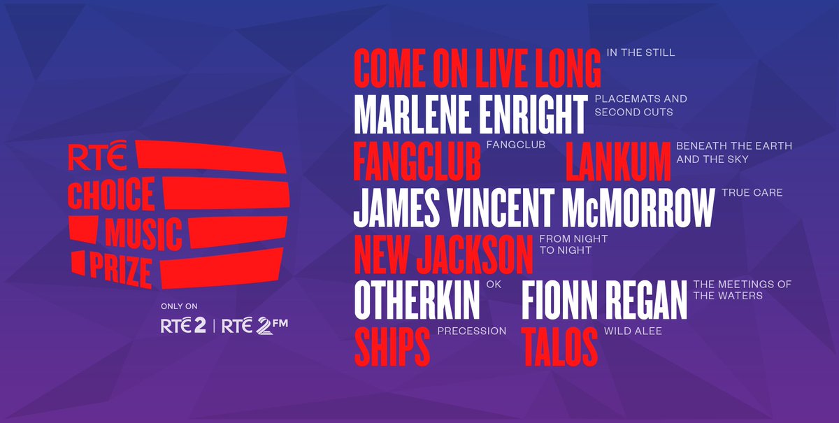 Huge congratulations to all the artists shortlisted for the #RTEChoicePrize album of the year 2017. The final 10 albums are from:
<a href="/Comeonlivelong/">Come On Live Long</a>
@mazzygooze
@Fangclubband
<a href="/LankumDublin/">LANKUM</a>
<a href="/jamesvmcmorrow/">James Vincent McMorrow</a>
@newjacksonmusic
<a href="/OtherkinOK/">OTHERKIN</a>
<a href="/fionnregan/">Fionn Regan</a>
<a href="/ShipsMusic/">Ships</a>
@talostalostalos