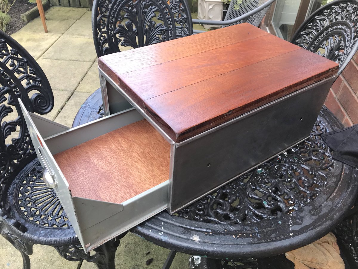 2016industrial's tweet photo. A very battered Veteran Series filing drawer given a bit of love. I’ve kept it’s age, but I’ve added Iroko timber to the top and lined the drawer with a plywood. Would look great in an office or a kitchen. 🧐 #upcycling #interiordesign #UpcycledHour #filingdrawers #preloved https://t.co/QHNw24k4JL