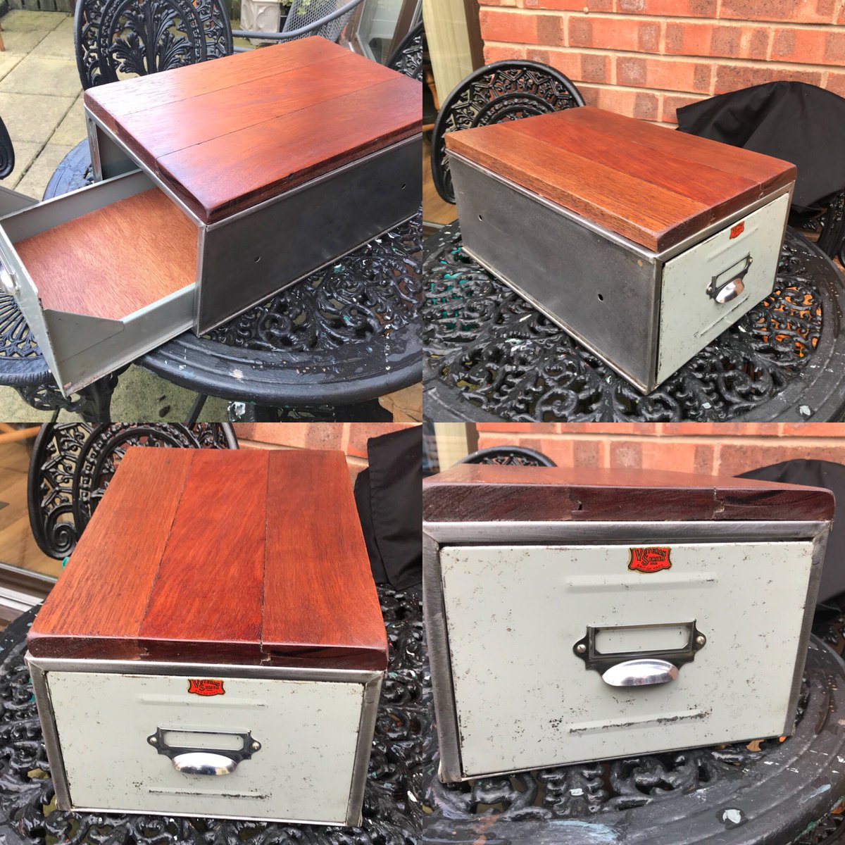 2016industrial's tweet photo. A very battered Veteran Series filing drawer given a bit of love. I’ve kept it’s age, but I’ve added Iroko timber to the top and lined the drawer with a plywood. Would look great in an office or a kitchen. 🧐 #upcycling #interiordesign #UpcycledHour #filingdrawers #preloved https://t.co/QHNw24k4JL