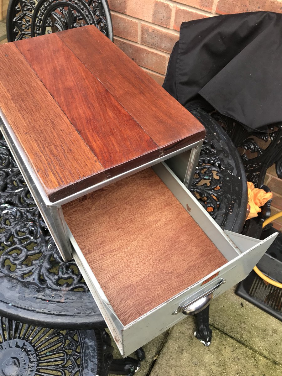 2016industrial's tweet photo. A very battered Veteran Series filing drawer given a bit of love. I’ve kept it’s age, but I’ve added Iroko timber to the top and lined the drawer with a plywood. Would look great in an office or a kitchen. 🧐 #upcycling #interiordesign #UpcycledHour #filingdrawers #preloved https://t.co/QHNw24k4JL
