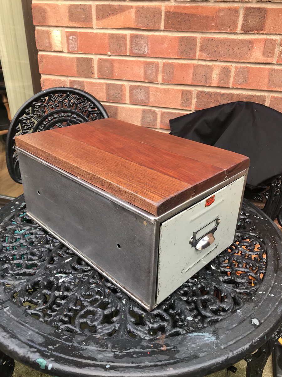 2016industrial's tweet photo. A very battered Veteran Series filing drawer given a bit of love. I’ve kept it’s age, but I’ve added Iroko timber to the top and lined the drawer with a plywood. Would look great in an office or a kitchen. 🧐 #upcycling #interiordesign #UpcycledHour #filingdrawers #preloved https://t.co/QHNw24k4JL