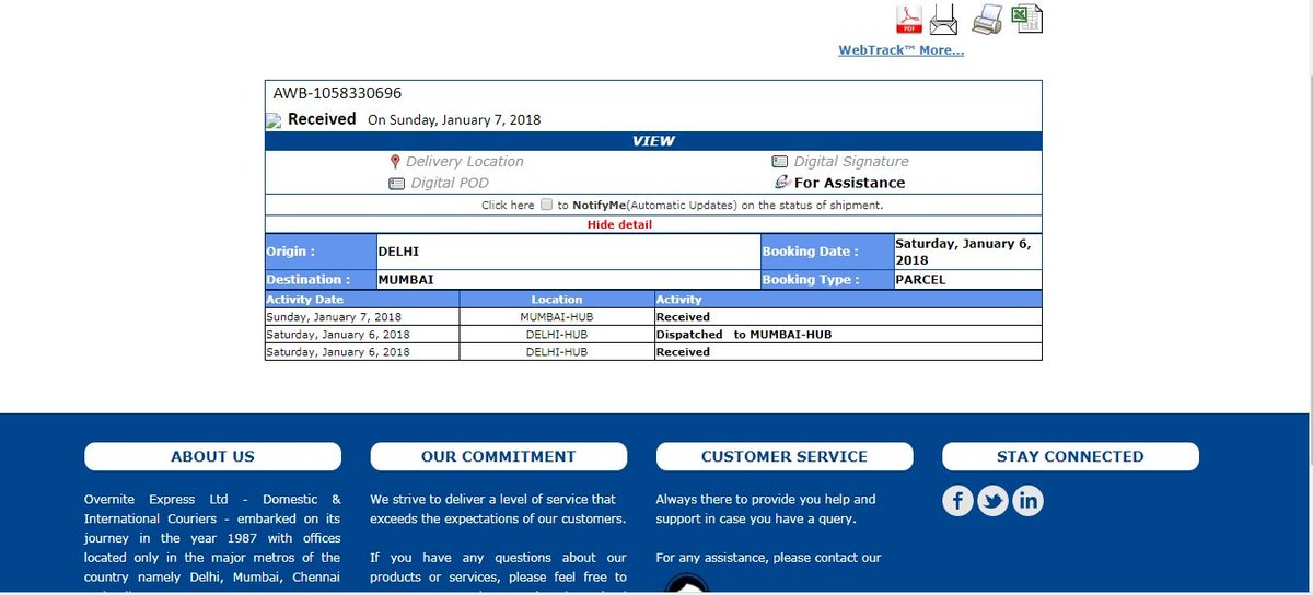 mohanmoncompu's tweet image. Really outstanding service !! A courier which is received by Mumbai Hub on 07/01/2018 is not yet delivered by your team